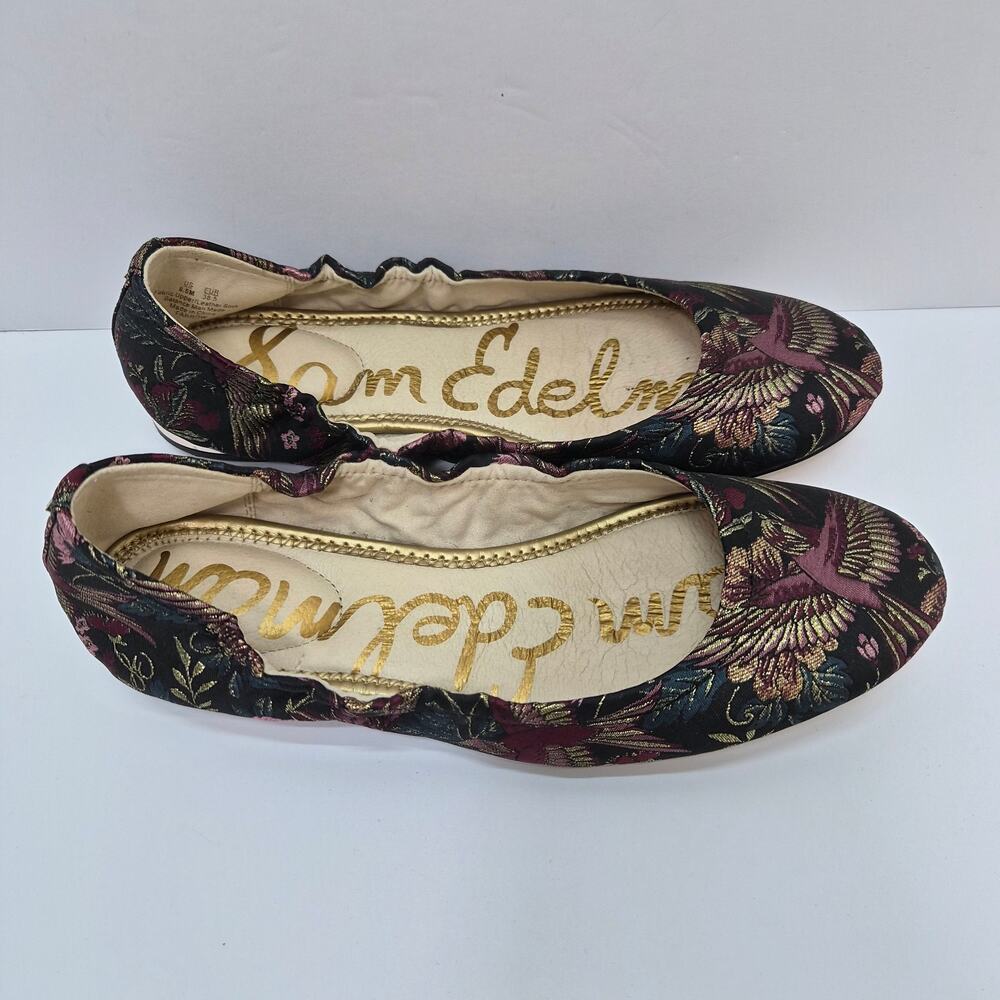 Sam Edelman Black Burgandy Jaquard Bird Floral Print Ballet Flats Women's 8.5M